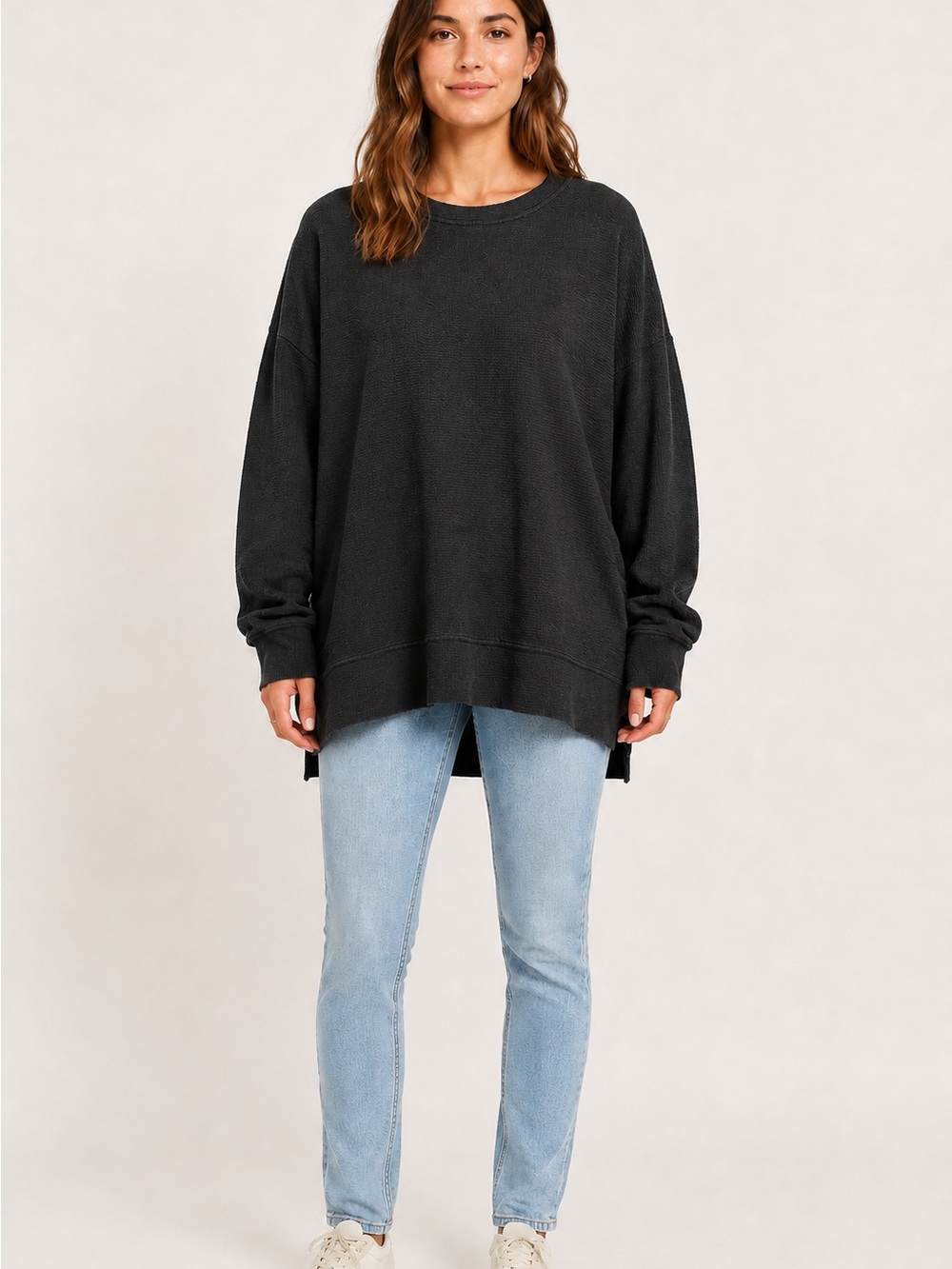 Aerie Textured Oversized High Low Sweatshirt Top Black S Petite